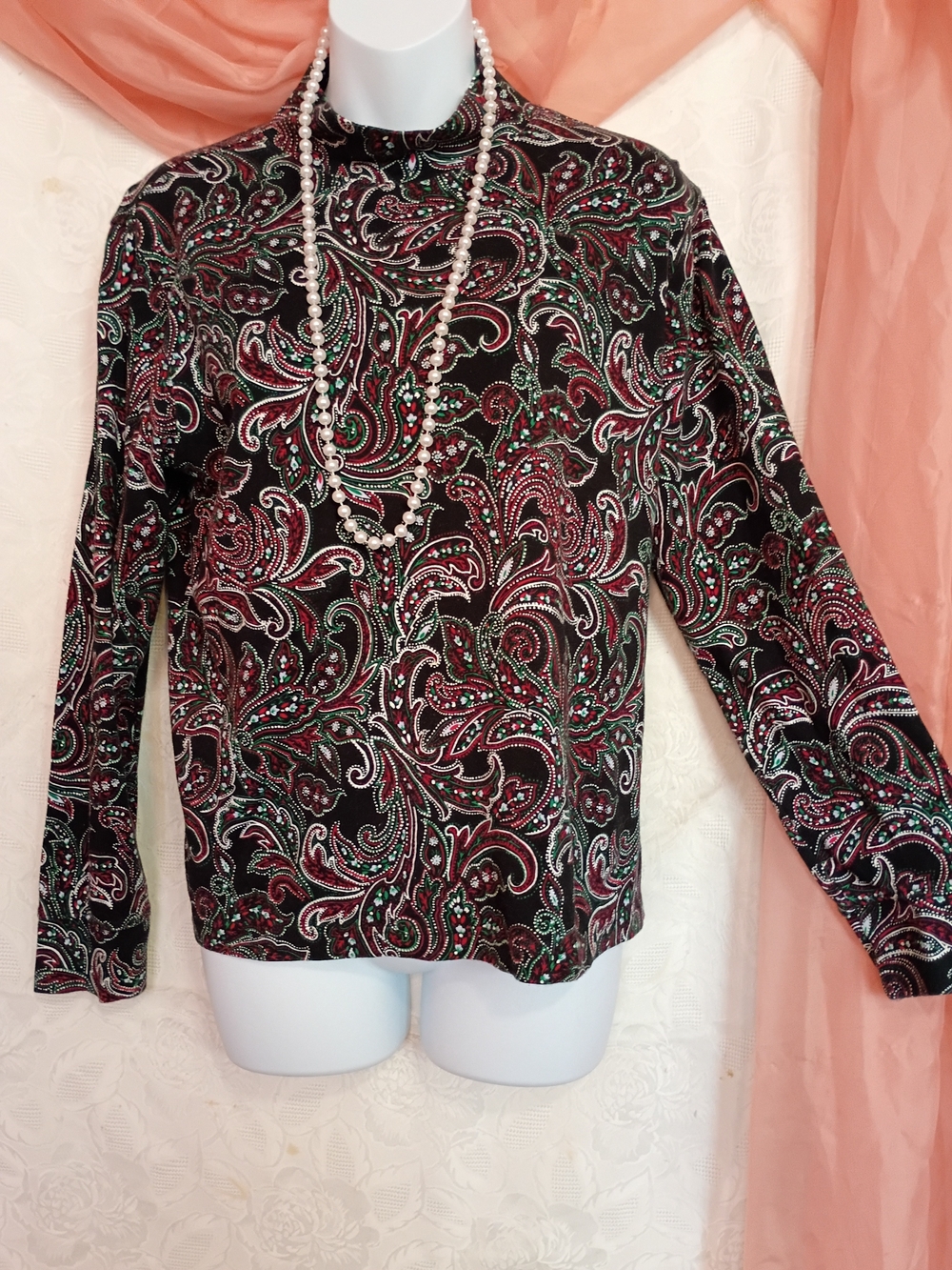 Lands' End Ladies Paisley Long-Sleeve Tee with Burgundy & Green Accents